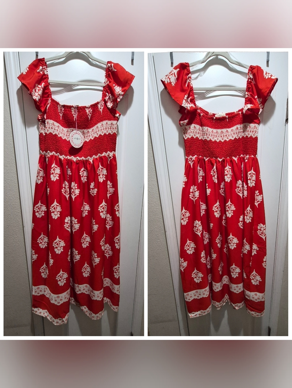Umgee Red & White Floral Smocked Maxi Dress Boho Cottagecore Size Large - NWT